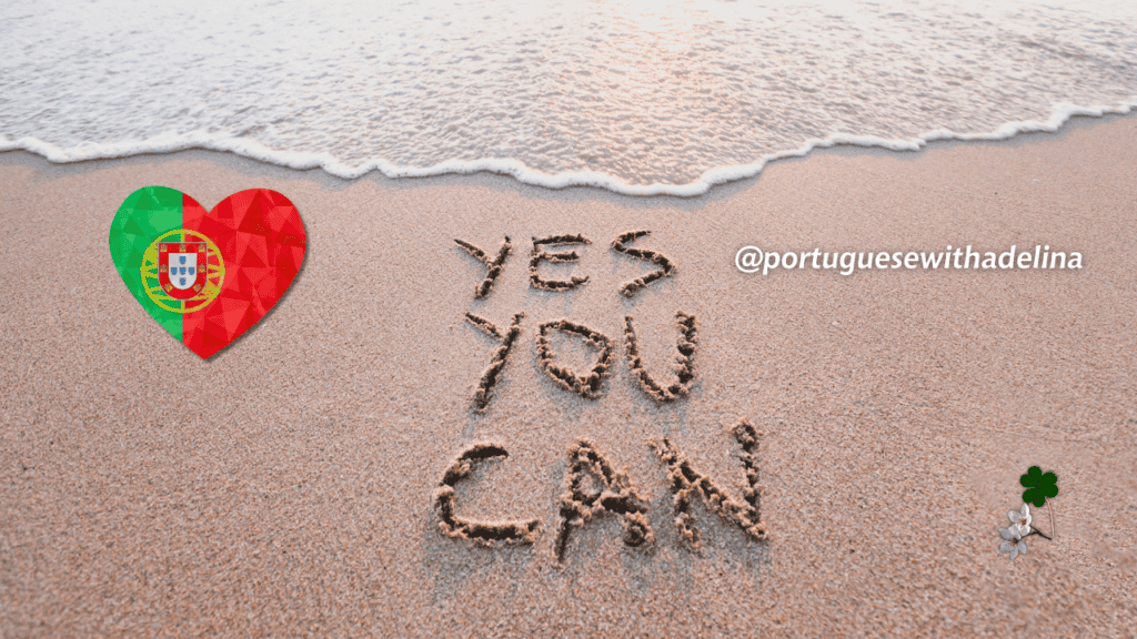 Beach scene with "Yes You Can" written in sand and Portuguese flag heart.