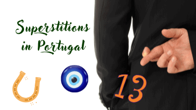 Superstitions in Portugal illustration with horseshoe, number 13, crossed fingers and nazar evil eye symbol