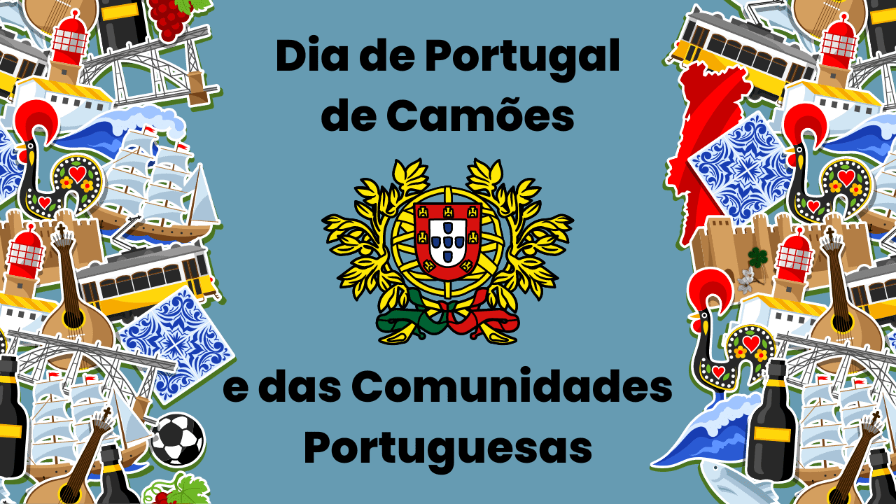 Portuguese Republic coat of arms surrounded by Portuguese cultural symbols for Dia de Portugal, Camões e das Comunidades Portuguesas