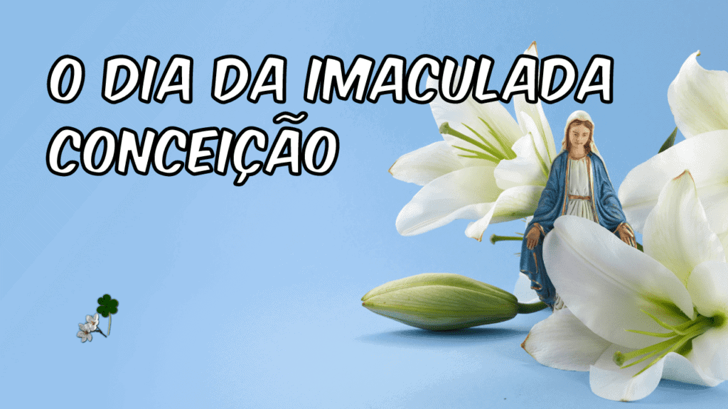 Statue of Our Lady representing the Immaculate Conception surrounded by white tulips on a blue background