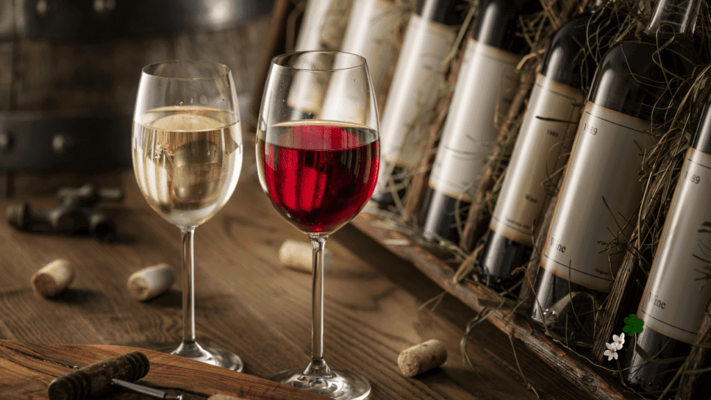 a glass or red wine and a glass of white wine