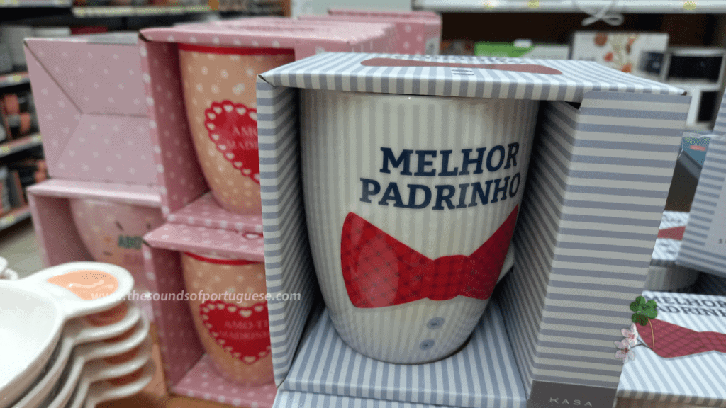 Portuguese Easter gift items for godparents displayed in a shop