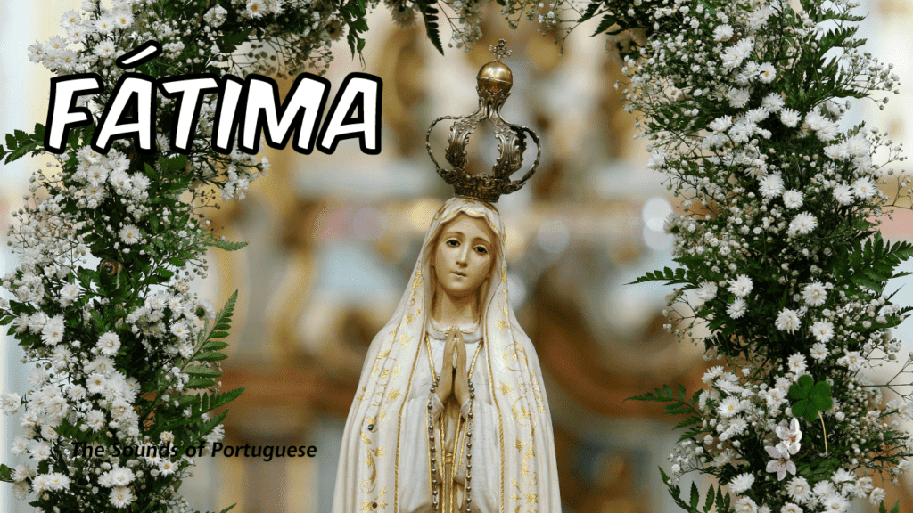 Statue of Our Lady of Fátima surrounded by white roses in Fátima, Portugal