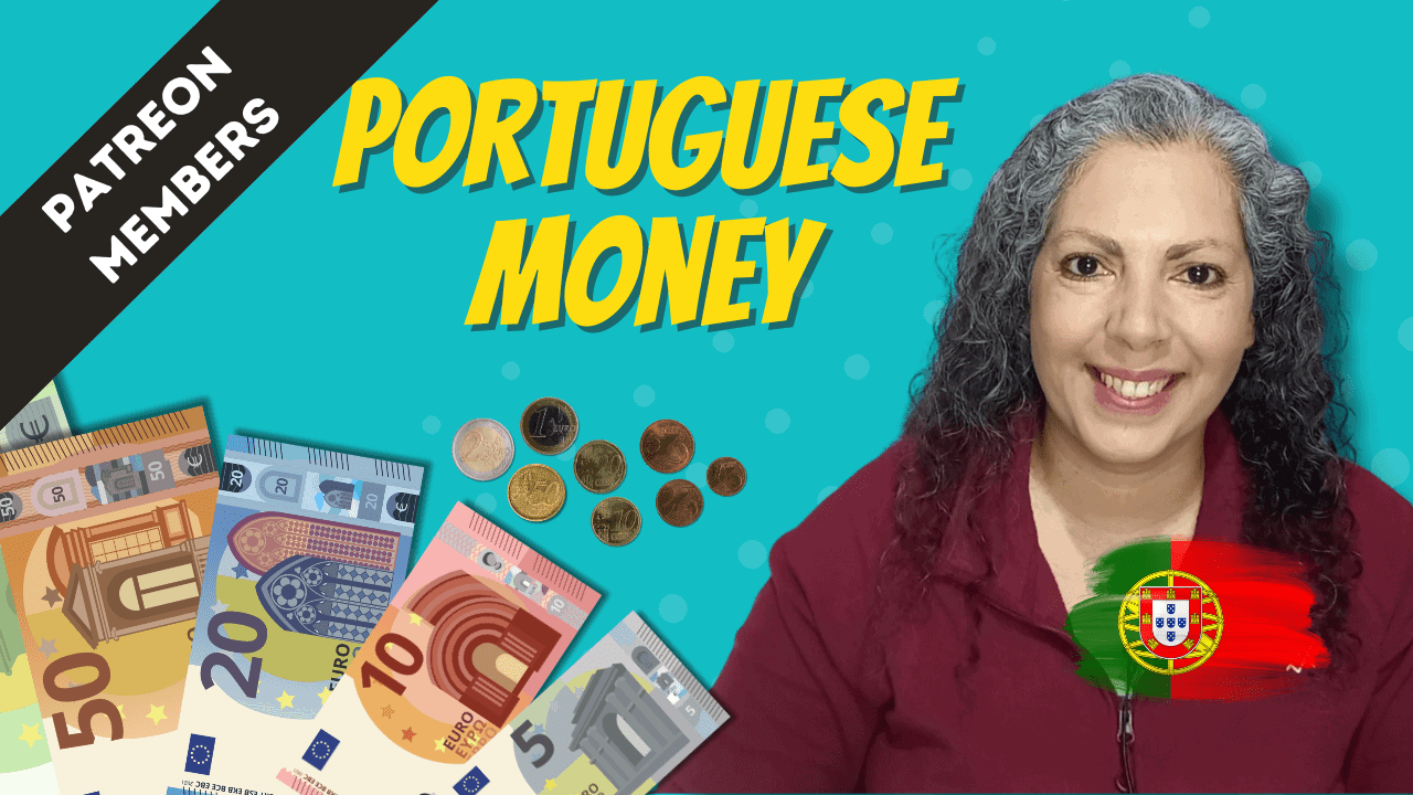 Portuguese money notes and coins with a smiling woman and Portugal flag.