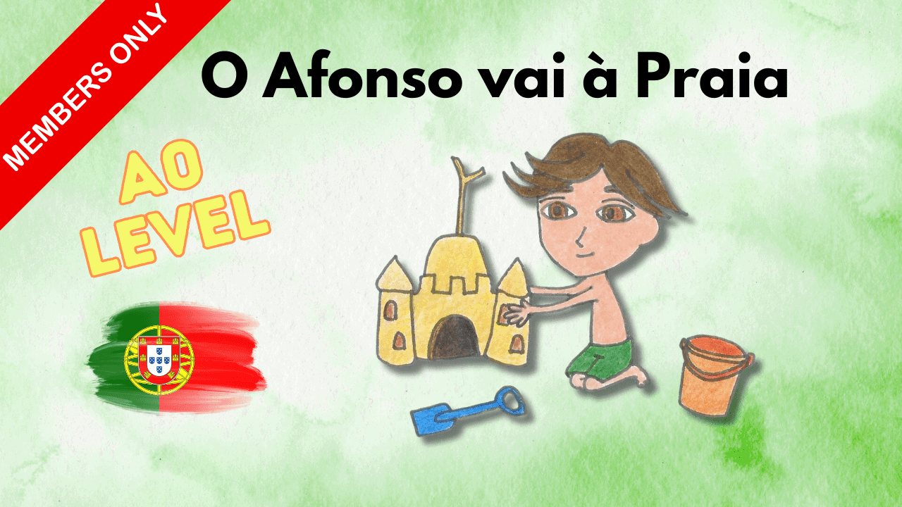 Afonso playing on the beach with a sandcastle, bucket, and toy shovel, promoting Portuguese language.