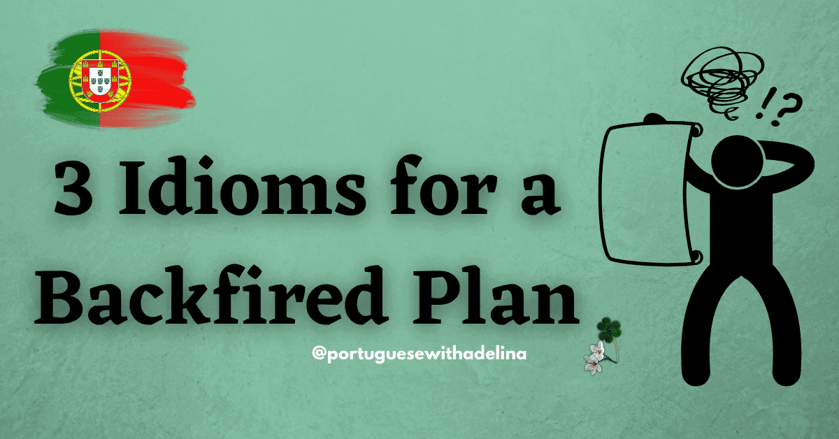 Illustration of a person confused by a failed plan with Portuguese idioms.