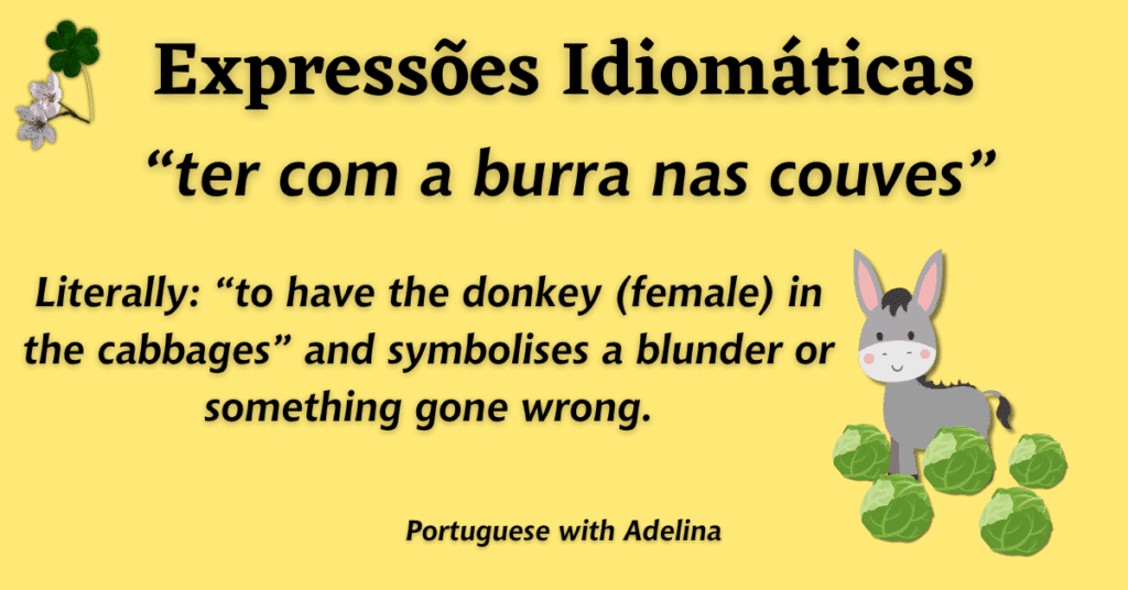 Illustration of a donkey with cabbage, representing a Portuguese idiom about plans backfiring.