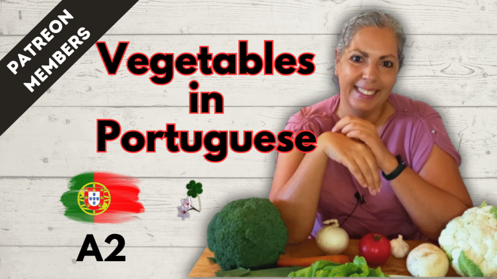 Woman smiling with vegetables, learning Portuguese vocabulary for vegetables.