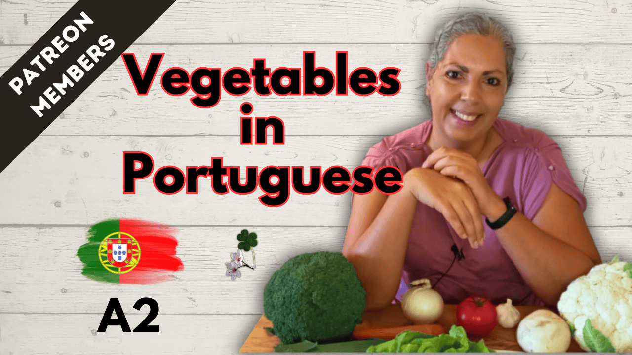 Woman smiling with vegetables, learning Portuguese vocabulary for vegetables.