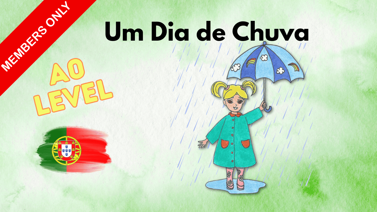 Girl with umbrella during rain, Portuguese language learning scene.