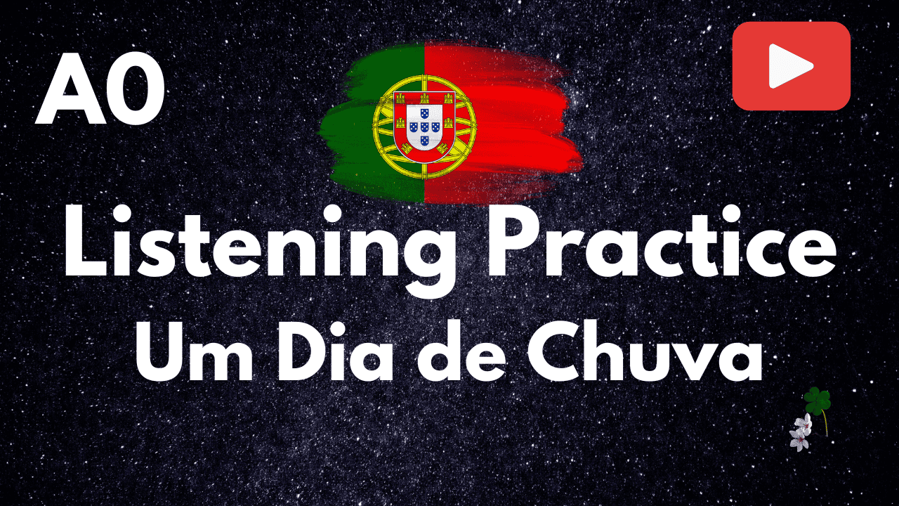 European Portuguese listening practice with rain background for language learners.
