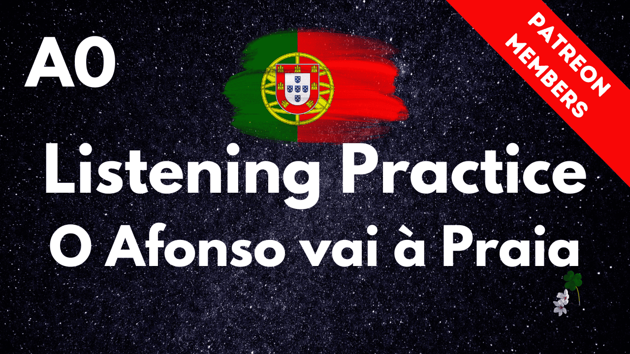Portuguese listening practice image with Afonso at the beach, starry sky, and Portugal flag.