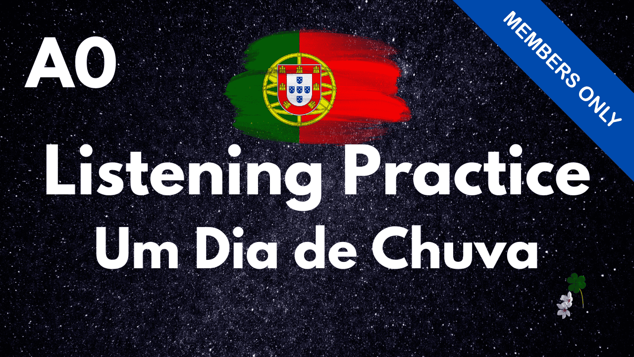 Portuguese listening practice image with rain and Portuguese flag elements.