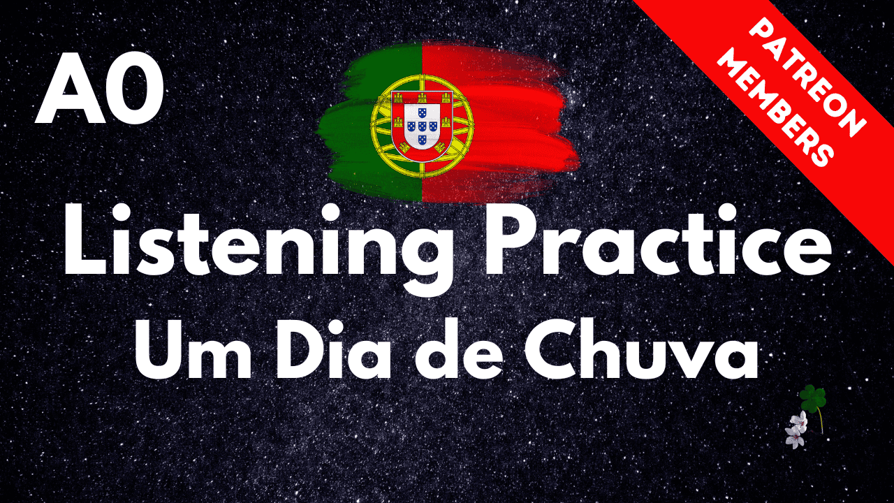 Portuguese listening practice image with rain and night sky background.