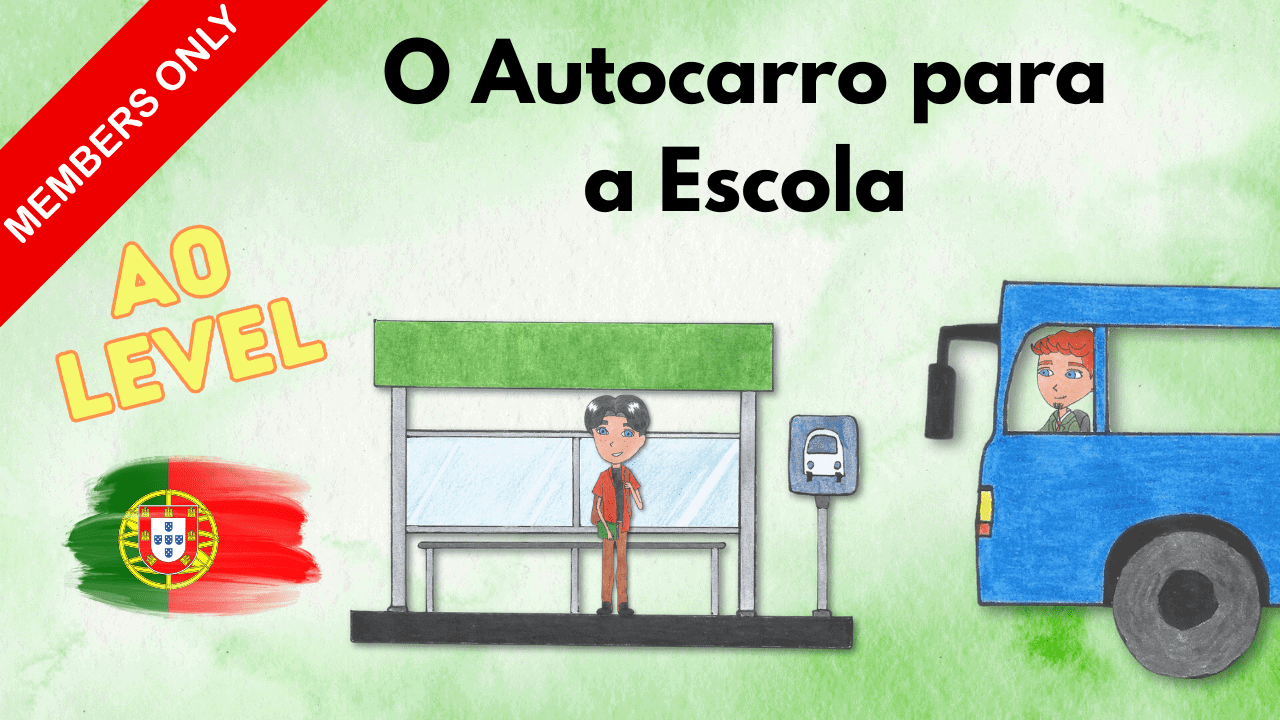 Child waiting at bus stop with school bus in the background, Portuguese language learning context.
