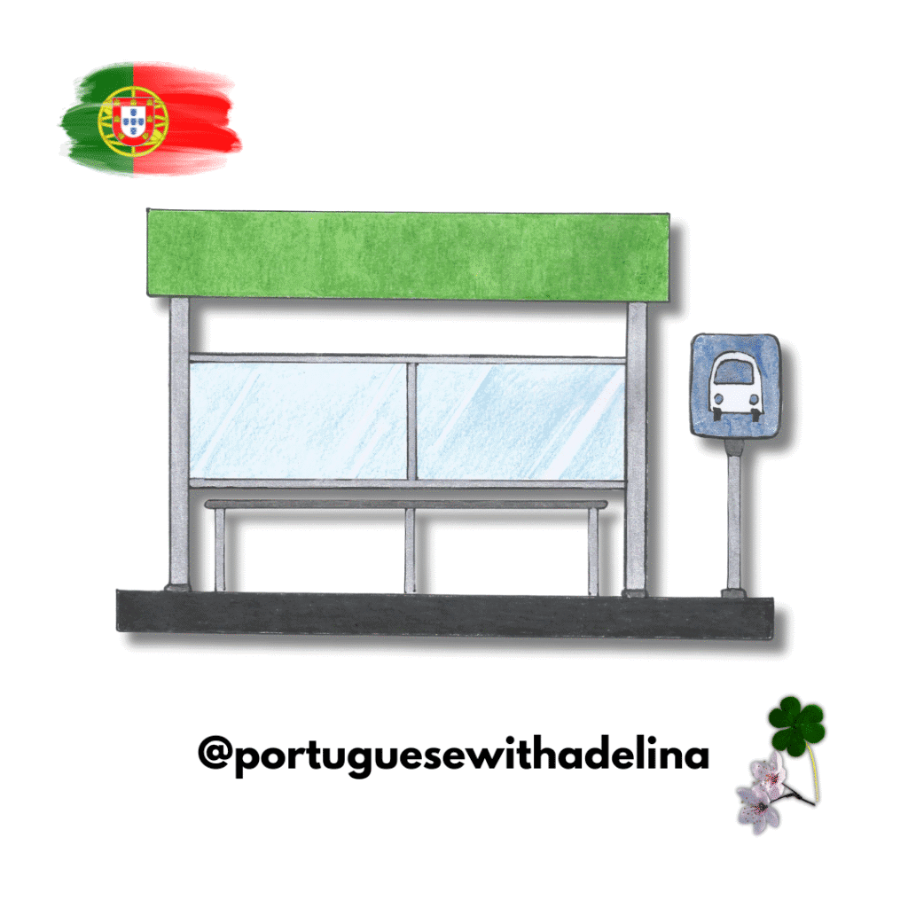 Bus stop with a shelter and bus sign in Portugal, promoting Portuguese language learning.