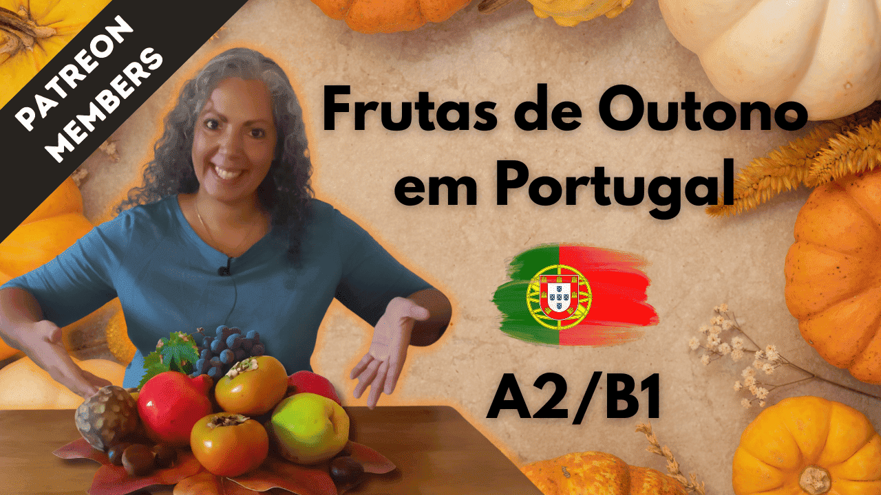 Woman with autumn fruits in Portugal, showcasing seasonal produce.