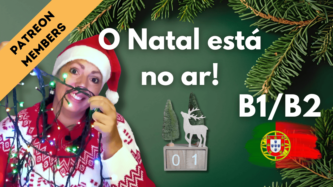 Festive Portuguese Christmas scene with woman in Santa hat, holiday decorations, and Christmas symbo.