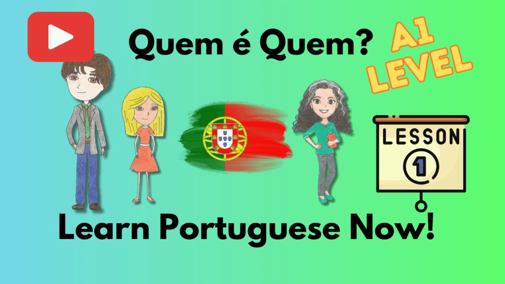 Illustration of diverse characters promoting Portuguese language learning.