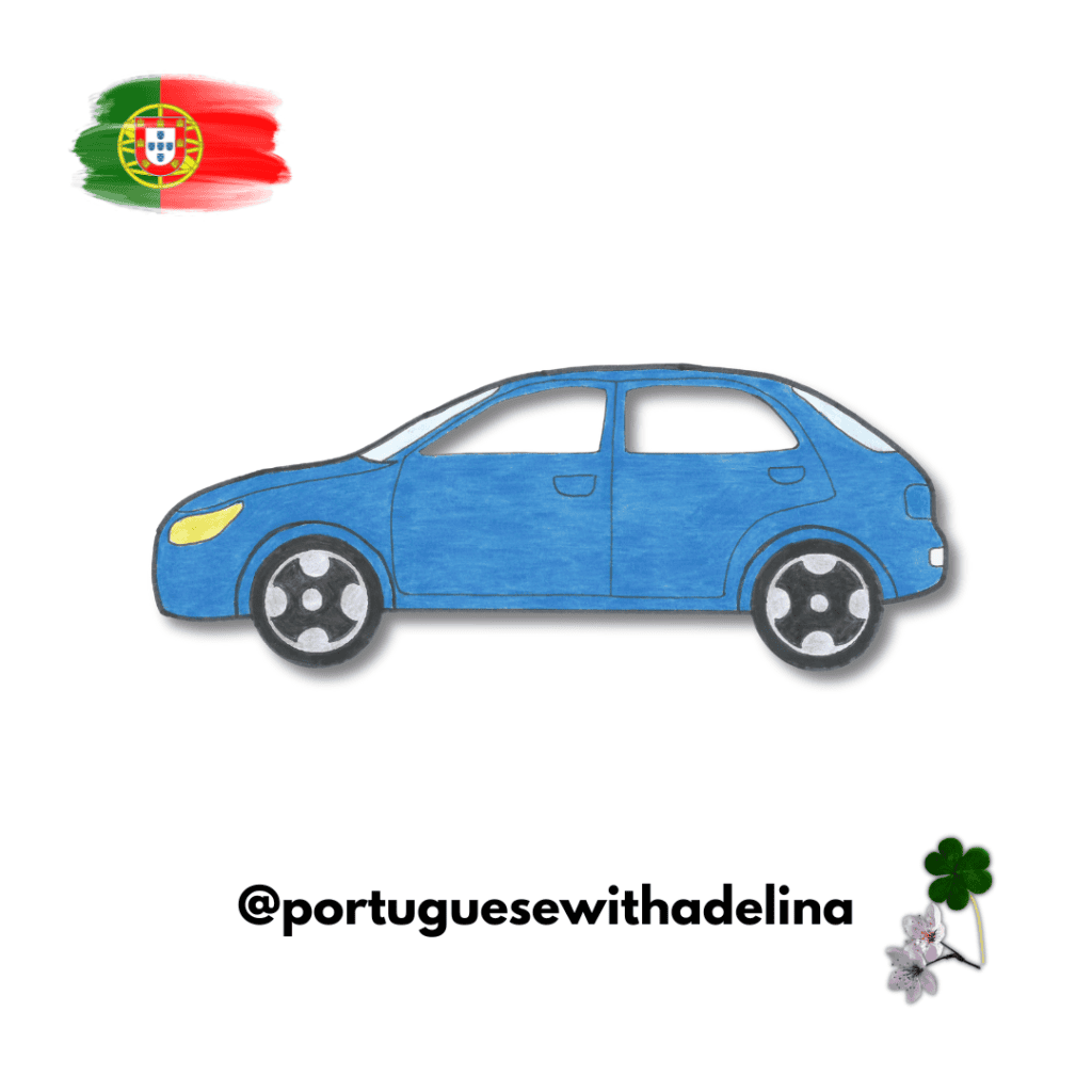 Hand-drawn blue car illustration for Portuguese language practice.