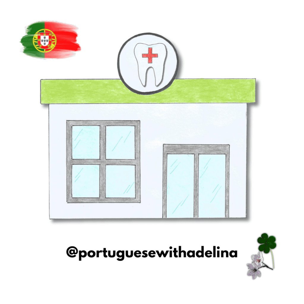 Illustration of a Portuguese dental clinic with a tooth and medical cross symbol.