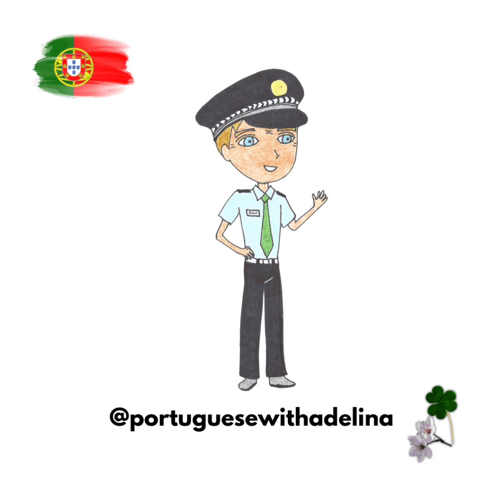 Police officer cartoon character representing Portuguese culture and language.