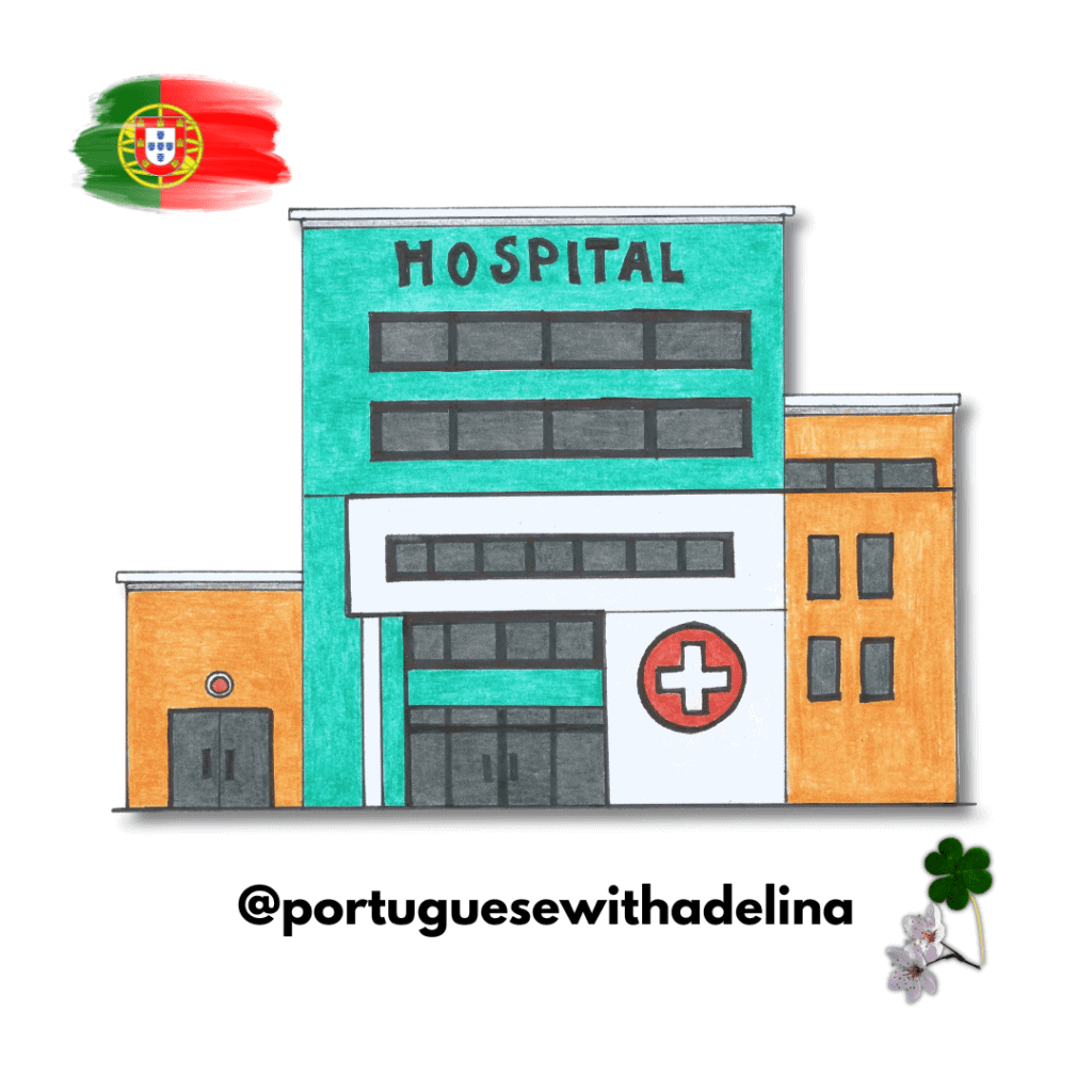 Hospital building with medical cross, colourful design, and Portuguese flag in the corner.