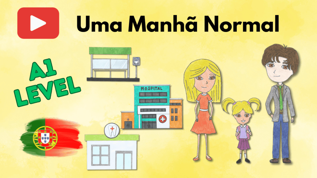 Illustration of a family during a normal morning with hospital and school in the background.