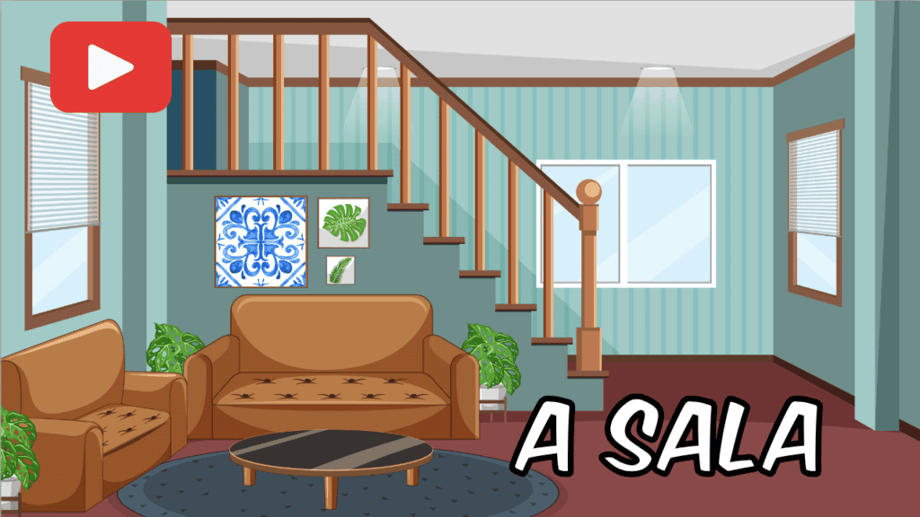 Bright living room with sofas, plants, and staircase, ideal for beginner Portuguese language learnin.