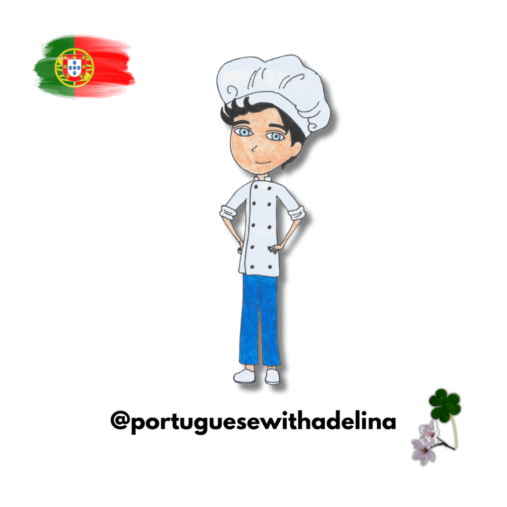 Cartoon chef representing Portuguese cuisine and language learning.