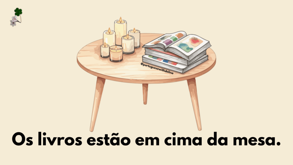 Books on top of a table to illustrate the Portuguese preposition 'em cima' meaning on top of something in European Portuguese