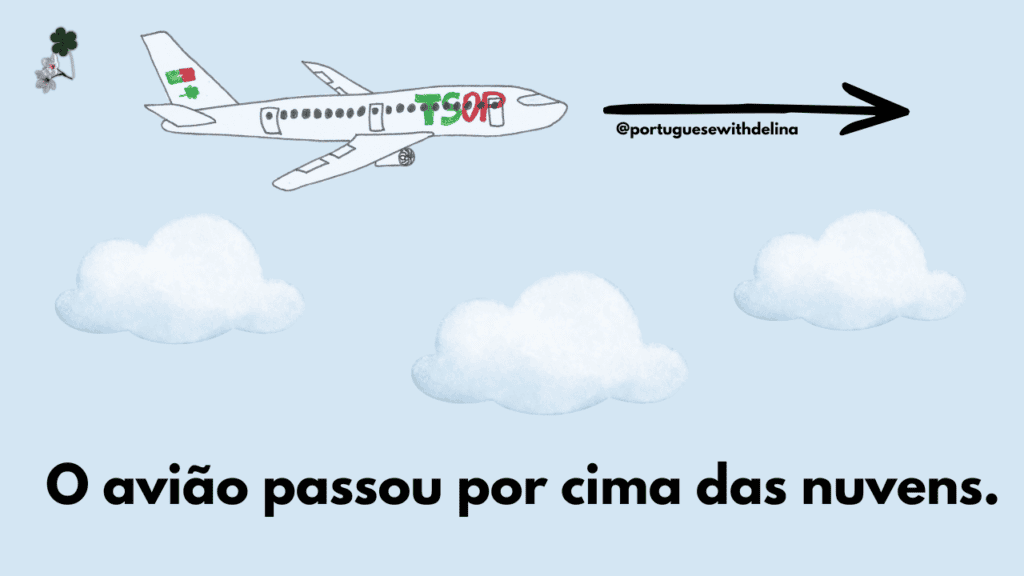 An aeroplane flying over clouds to illustrate the Portuguese preposition 'por cima' as movement over something in European Portuguese