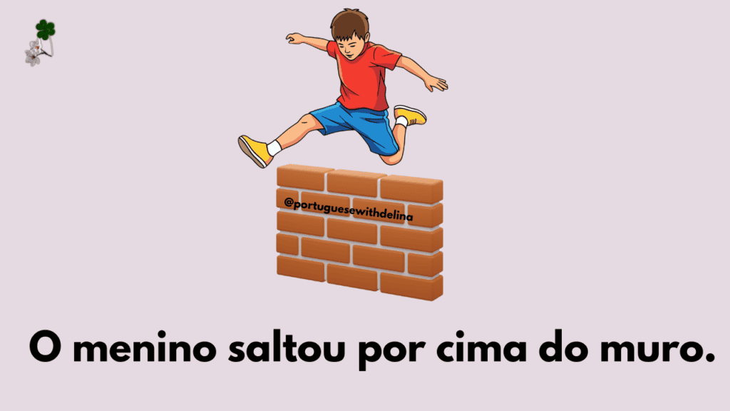 Boy jumping over a wall illustrating the use of the Portuguese preposition 'por cima' for movement over something