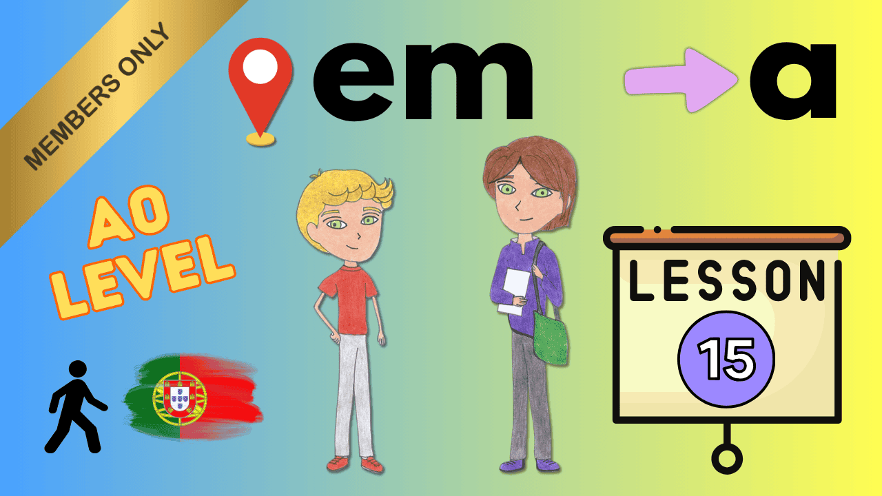 Illustration showing "em" for movement and "a" for location in Portuguese.