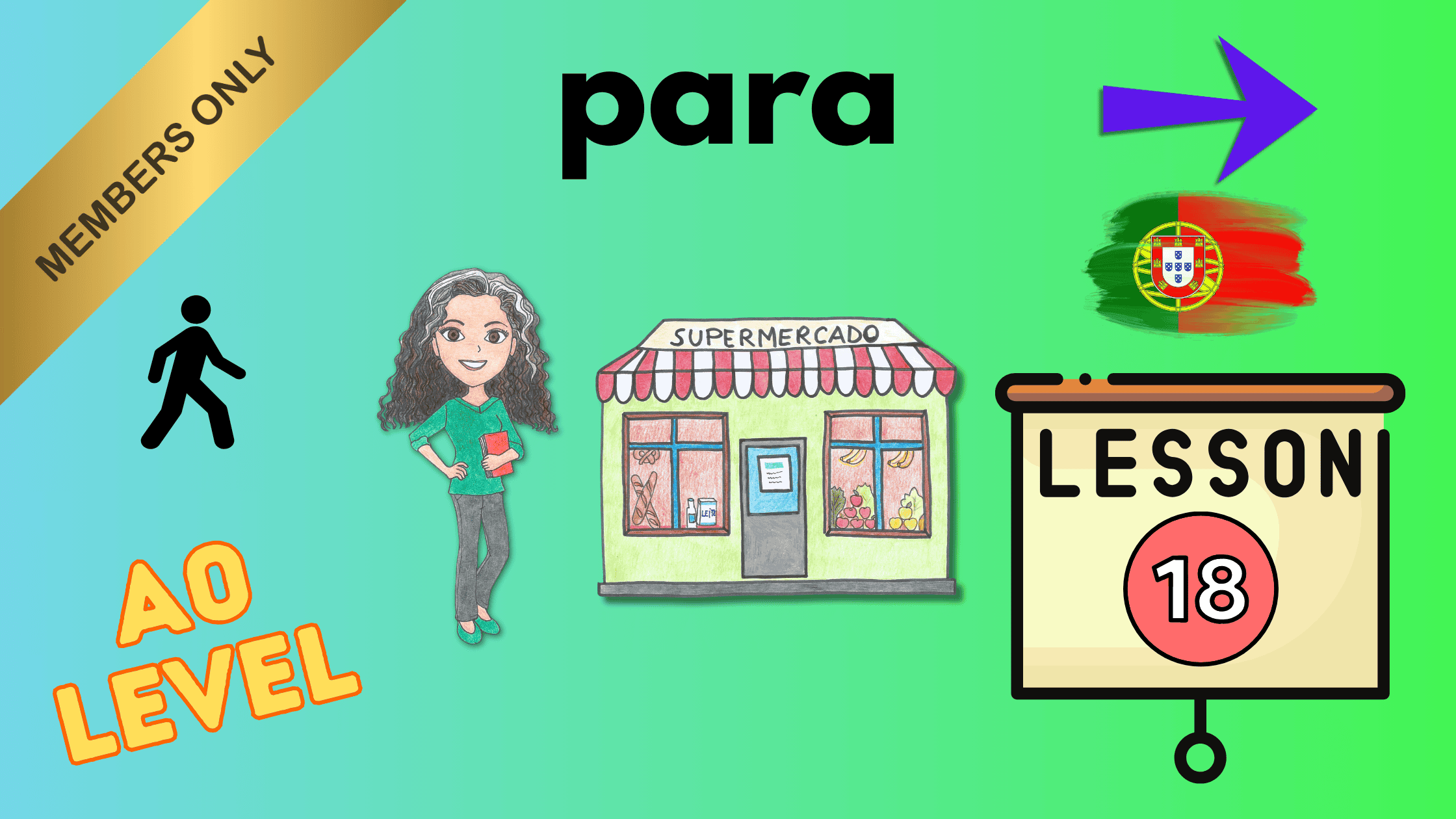 Portuguese language learning for beginners with supermarket and lesson icons.