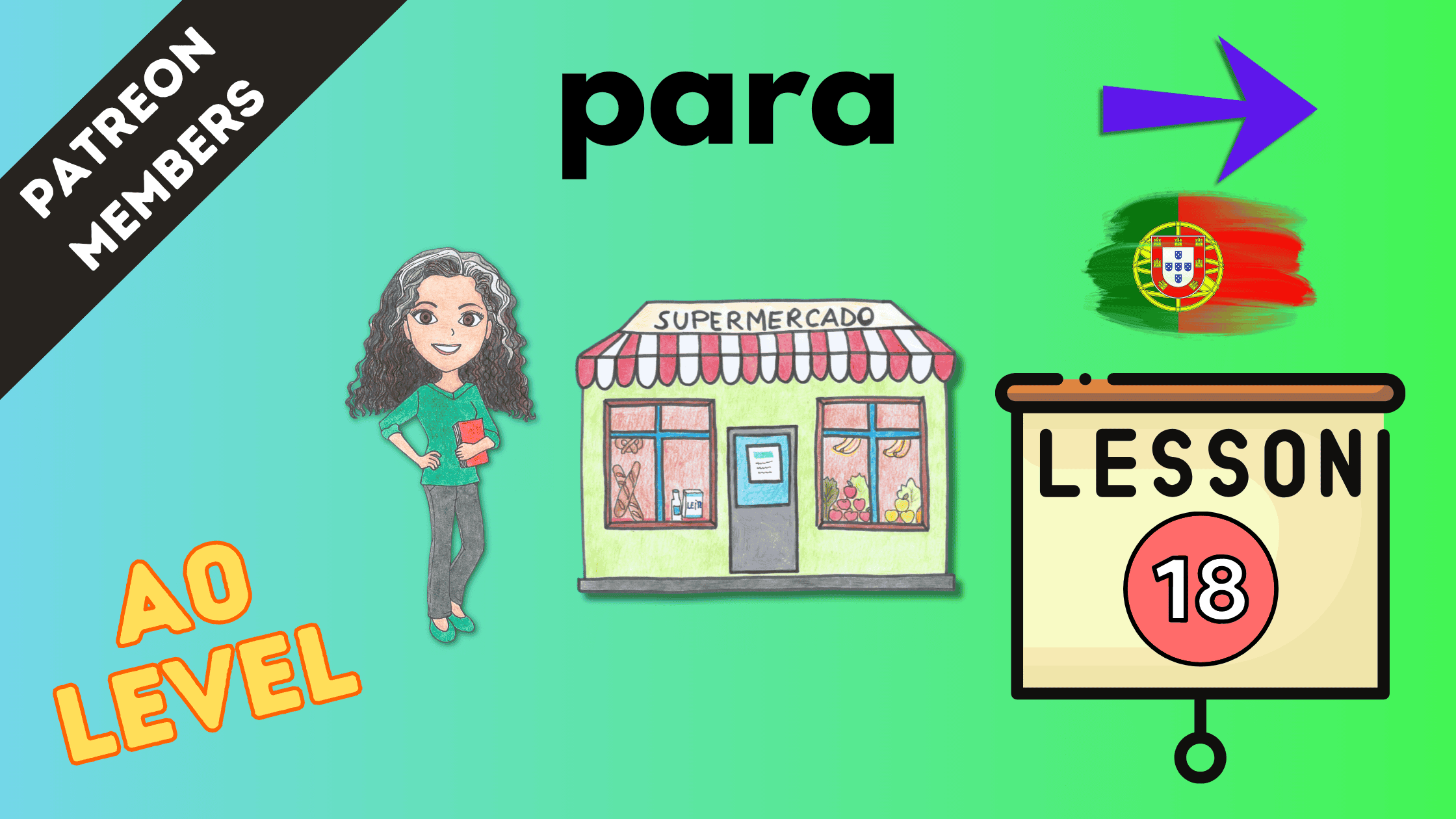 Portuguese language learning illustration with supermarket, girl, and lesson sign.