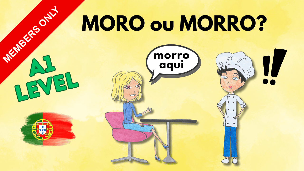 Cartoon of girl and boy discussing Portuguese language at A1 level.