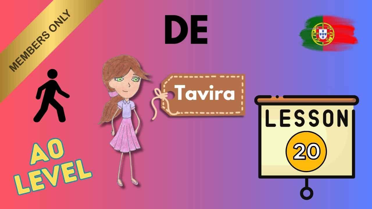 Illustration of a girl with a pink dress and a snake, with Portuguese flags and lesson info.