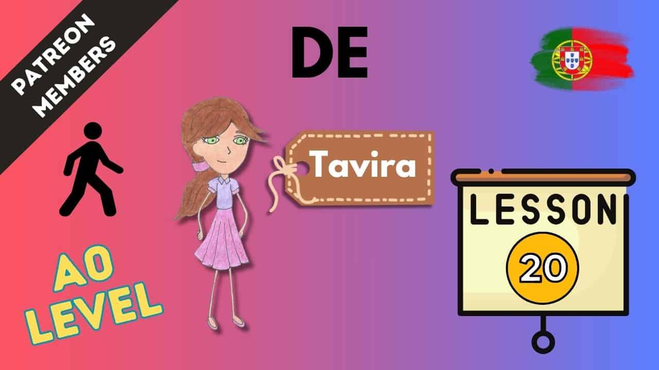 Portuguese language lesson for beginners with a cartoon girl and lesson number 20.